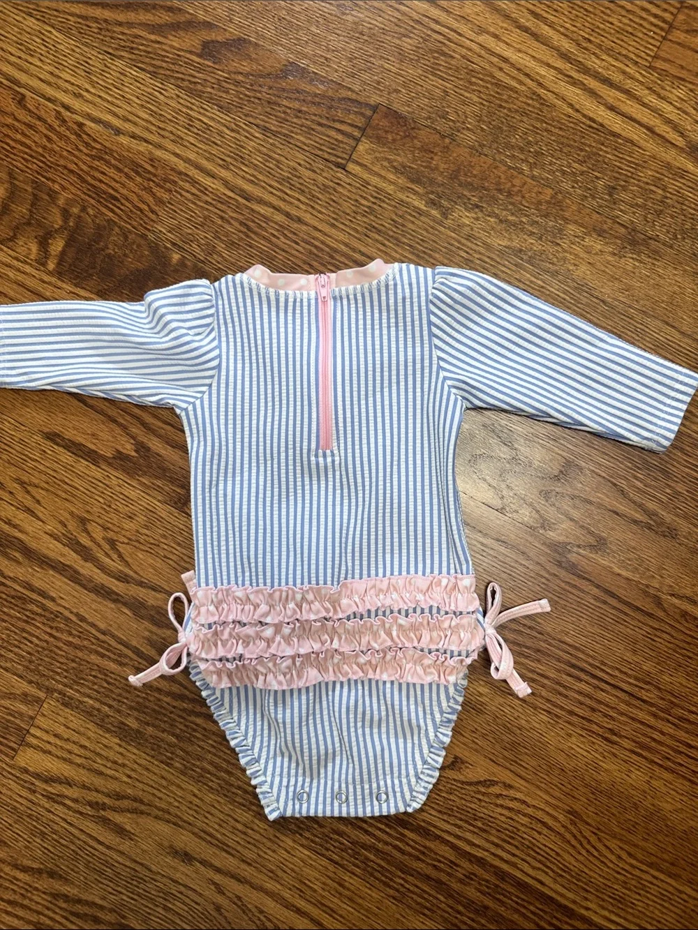 Ruffle Butts 3-6m Striped Blue and White Long-Sleeve One-Piece with Pink Trim
